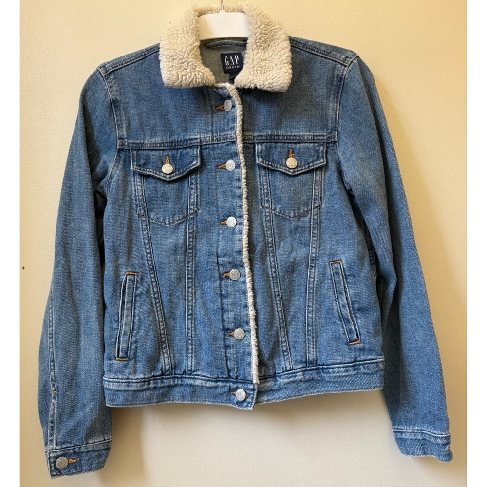GAP‎ Women's Sz Small Icon Sherpa Denim Jacket Blue Jean Fleece Semi-Lined Good